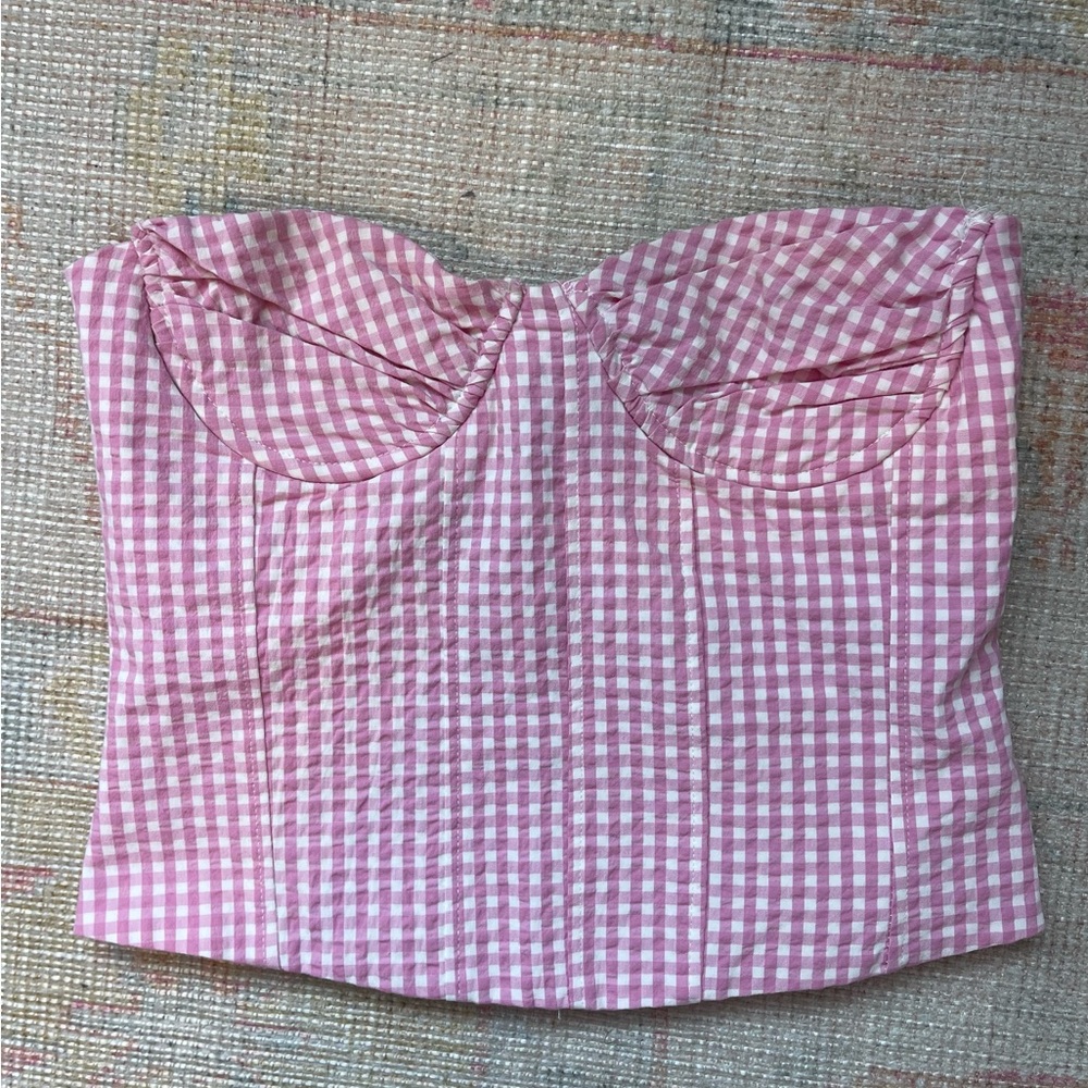 Zara gingham pink and white corset strapless top